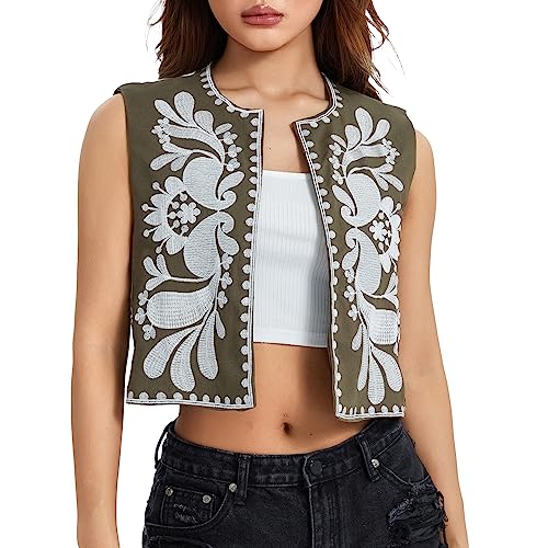 WERNZATT-Damen Vintage Blumen Stickerei Kurze Weste Jacke Ärmellose Ethnische Bestickte Weste Casual Street Oberbekleidung (Armeegrün, M) von WERNZATT