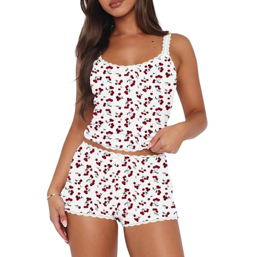 WERNZATT-Damen Zweiteilige Pyjama Set ärmellos Floral Herz Kirsche Print Cami Top Casual Shorts Pyjama Set (Gemischte Farbe, S) von WERNZATT