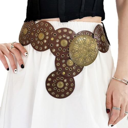 WERNZATT-Dark CoffeeWestern Wide Waist Belt for Women Hollow Out Disc Punk Style Retro Waistband mit Metallschnalle (Hellbraun, 115cm/13.78inches) von WERNZATT
