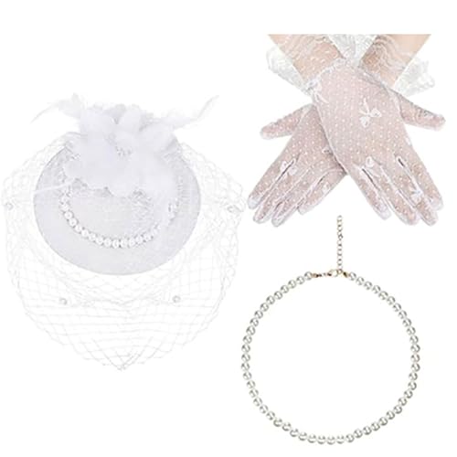 WERNZATT-Frauen Halloween Schmuck Set, Vintage Elegante Perlenkette Spitze Handschuhe Fascinator Hut Cosplay Zubehör (Weiß, One Size) von WERNZATT