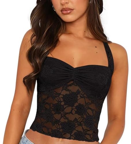 WERNZATT-Frauen Halter Tank Tops Slim Fit Backless ärmellose sehen durch Tie-Up Spitze Crop Weste für Party Club Cocktail (Schwarz, M) von WERNZATT