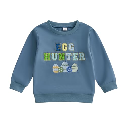 WERNZATT Kinder Mädchen Jungen Sweatshirts Baby Ostern Outfits Brief Ostereier Stickerei Crewneck Langarm Tops Pullover Frühling Kleidung (Blue, 6-7 Years) von WERNZATT
