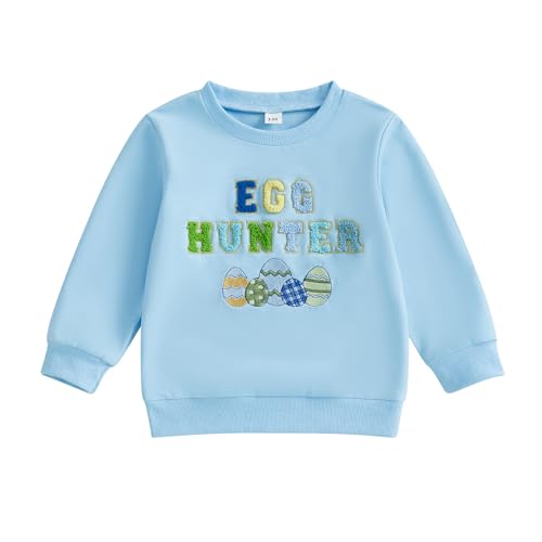 WERNZATT Kinder Mädchen Jungen Sweatshirts Baby Ostern Outfits Brief Ostereier Stickerei Crewneck Langarm Tops Pullover Frühling Kleidung (Sky Blue, 3-4 Years) von WERNZATT