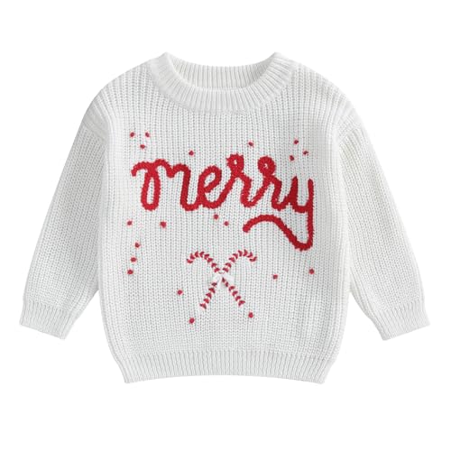 WERNZATT-Kleines Baby Junge Mädchen Weihnachten Pullover Brief Zuckerstange Stickerei Crewneck Langarm Pullover Winter Herbst Stricken Tops (White 16, 12-18 Months) von WERNZATT