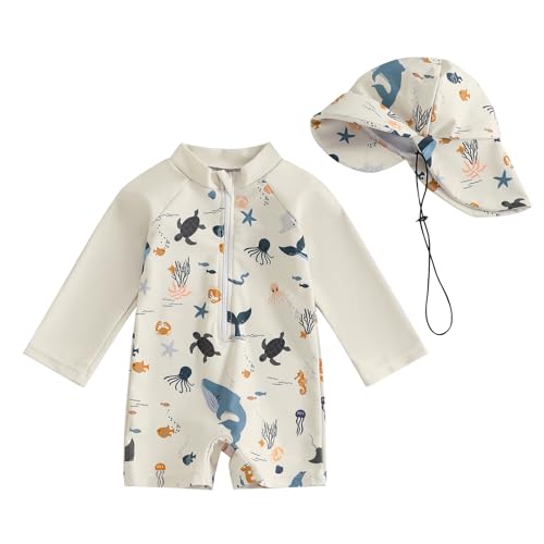 WERNZATT-Kleinkind Baby Badeanzug Rash Guard EIN Stück Neugeborenen Reißverschluss Strampler Strand Bademode Badeanzüge Mit Sonnenhut (Beige, 3-6 Months) von WERNZATT