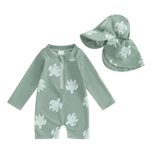 WERNZATT-Kleinkind Baby Badeanzug Rash Guard EIN Stück Neugeborenen Reißverschluss Strampler Strand Bademode Badeanzüge Mit Sonnenhut (Green, 6-12 Months) von WERNZATT