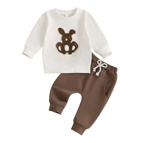 WERNZATT-Kleinkind Baby Jungen Ostern Outfits Bunny Bestickt Lange Ärmel Sweatshirts Und Lange Hosen 2Pcs Clothes Set (White, 12-18 Months) von WERNZATT