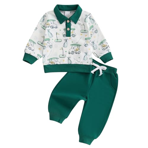 WERNZATT-Kleinkind Baby Jungen Outfit Sets Langarm Revers Golf Print Tops Solide Farbe Hosen 2PCS Sets (Green, 6-12 Months) von WERNZATT