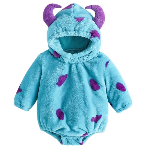 WERNZATT Kleinkind Baby Mädchen Jungen Cartoon Tier Kostüm Flanell Kapuze Strampler Lustige Halloween Karneval Cosplay Outfits, Blauer Monster-Strampler, 0-3 Months von WERNZATT
