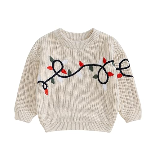 WERNZATT-Kleinkind Baby Mädchen Jungen Weihnachten Stricken Pullover Langarm O Hals String Licht Stickerei Pullover Strickwaren (Beige 17, 18-24 Months) von WERNZATT