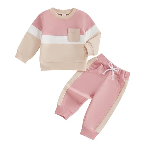 WERNZATT-Kleinkind Junge Mädchen Herbst Kleidung Kontrast Farbe lange Ärmel Pullover elastische Taille Hosen Kinderkleidung (Rosa 2, 18-24 Months) von WERNZATT