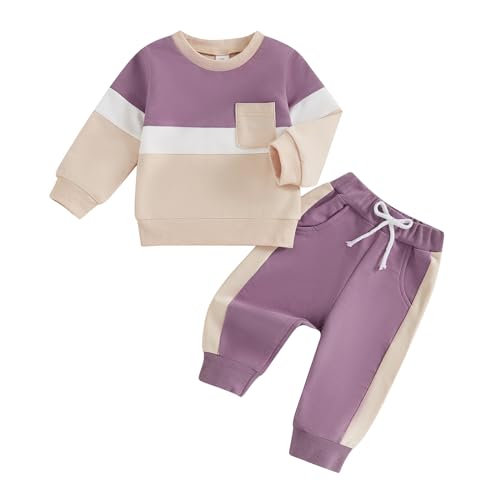 WERNZATT-Kleinkind Junge Mädchen Herbst Kleidung Kontrast Farbe lange Ärmel Pullover elastische Taille Hosen Kinderkleidung (Violett 2, 6-12 Months) von WERNZATT