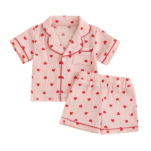 WERNZATT-Mädchen Sommer Kurzer Schlafanzug Set Kurze Ärmel Revers Shirt Erdbeer Print Shorts Schlafanzug Baby Kleidung (Rosa 3, 12-18 Months) von WERNZATT