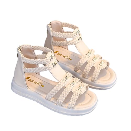 WERNZATT-Mädchen Sommer Sandalen PU Leder Hohl Aus Anti-Rutsch Flache Sandalen mit Knöchel Reißverschluss (Beige Weiß, 28) von WERNZATT