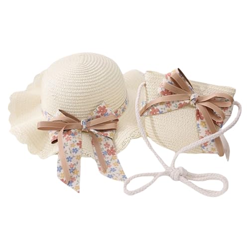 WERNZATT-Mädchen Stroh Sonnenhut Sommer Schutz breiter Krempe Sonnenhut Strand Hüte mit Crossbody Taschen für 2-7 Jahre Baby (Weiß 2, 2-7 Years) von WERNZATT