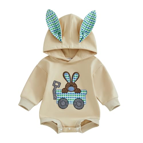 WERNZATT Säugling Baby Junge Mädchen Ostern Outfit Hase Blase Strampler Kapuze Overall Lange Ärmel Sweatshirt Neugeborenen-Kleidung (Beige 10, 0-3 Months) von WERNZATT