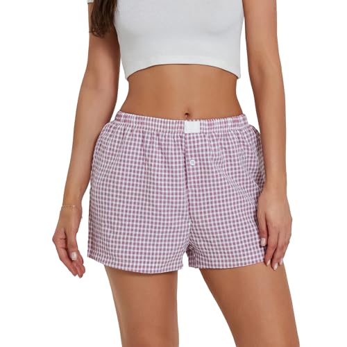 WERNZATT-Shorts Damen Sommer Lässige Kurze Hose Karierte Elastische Stretch-Sweatpants Niedriger Taille Mode Fitness Shorts (Lila, S) von WERNZATT