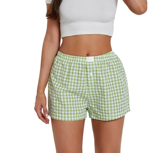 WERNZATT-Shorts Damen Sommer Lässige Kurze Hose Karierte Elastische Stretch-Sweatpants Niedriger Taille Mode Fitness Shorts (Smaragdgrün, M) von WERNZATT
