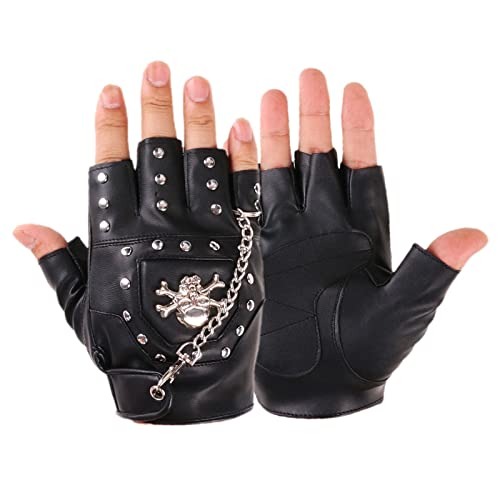 WERQA Halbfinger-Handschuhe, Punk-Nieten, PU-Leder, schwarze Handschuhe mit Metallkette, für Motorräder, fingerlose Tanzhandschuhe, schwarz, 15,5 x 11 cm von WERQA