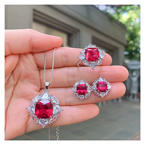 WERQKJXCZ 925 Sterling Silber Hochzeitsschmuck Sets for Frauen Synthetischer Rubin Diamant Anhänger Halskette Ringe Ohrringe Geschenk erfüllen (Jewelry set) von WERQKJXCZ
