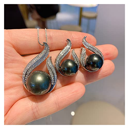 WERQKJXCZ Charms 925 Sterling Silber Schwarz Große Süßwasserperle Diamant Anhänger Halskette Ohrringe for Frauen Hochzeit Schmuck Set erfüllen (Earrings) von WERQKJXCZ