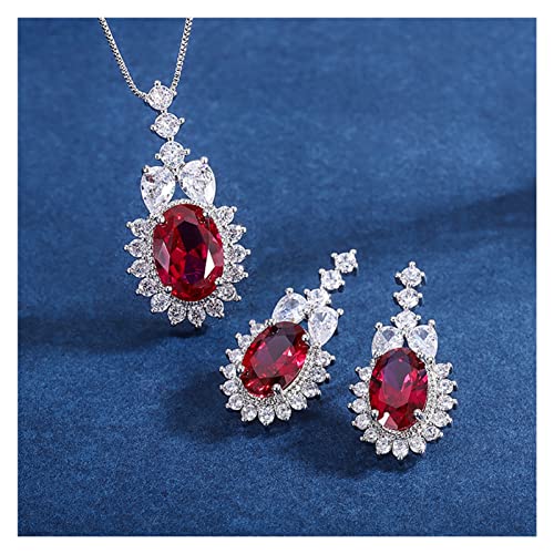 WERQKJXCZ Vintage Rubin Edelstein Party Frauen Schmuck Set 925 Sterling Silber Diamant Hochzeit Anhänger Halskette Ohrringe erfüllen (Jewelry set) von WERQKJXCZ