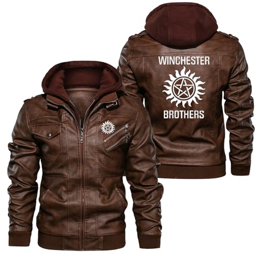 Jacken Herren Super.natur-al, Slim Fit Kunstleder übergangsjacke mit Kapuze, Winter Fleecejacke Pilotenjacke Motorradjacke-Brown||XXL von WERUN