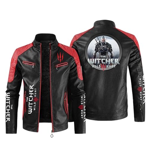 Motorradjacke Herren Wit.cher, Stehkragen Kunst-Lederjacke für Herbst Winter, Stylisch Casual Punk Motorradjacke Bikerjacke-Black 3||M von WERUN