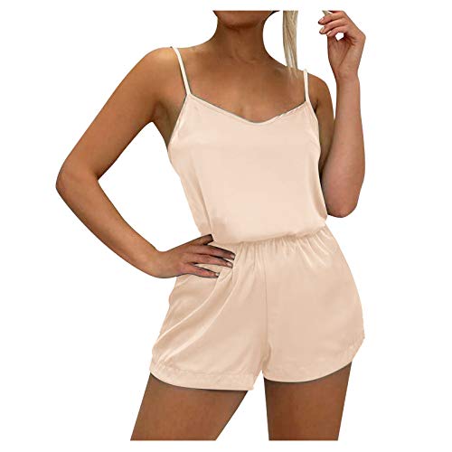 Damen Schlafanzug Sexy Hausanzug Satin Pyjama Kurz Hose Set Nachtwäsche Camisole Träger Sleepshirt und Shorts Einfarbig Nachthemd Ärmellos Negligee Loose Sleepwear Bequem Zweiteiliger(Khaki,M) von WERVOT