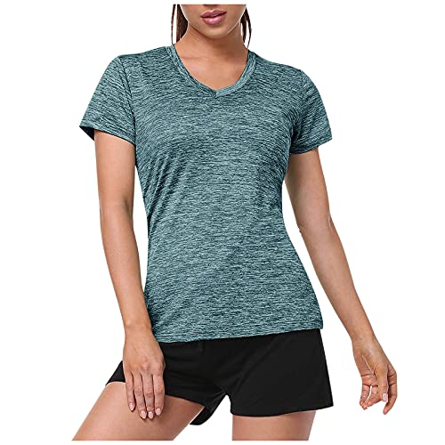 Damen Sportshirt Kurzarm Lose Bluse Laufshirt Sporttop Atmungsaktiv Sports T-Shirts Yoga Funktionsshirt Fitness Workout Oberteil Sportbekleidung Sporttop V-Ausschnit Multipack(A Armeegrün,XL) von WERVOT