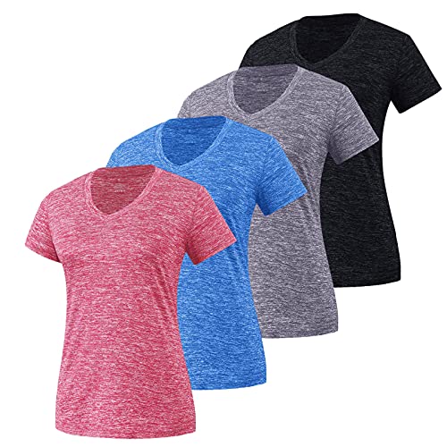 Damen Sportshirt Kurzarm Lose Bluse Laufshirt Sporttop Atmungsaktiv Sports T-Shirts Yoga Funktionsshirt Fitness Workout Oberteil Sporthemd Sportbekleidung Sporttop V-Ausschnit Multipack(Pack 4 A,S) von WERVOT