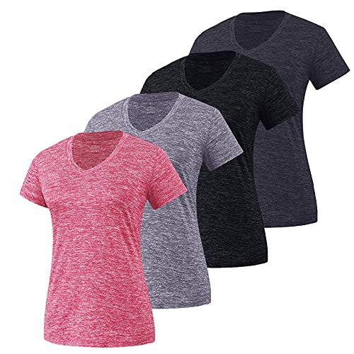 Damen Sportshirt Kurzarm Lose Bluse Laufshirt Sporttop Atmungsaktiv Sports T-Shirts Yoga Funktionsshirt Fitness Workout Oberteil Sporthemd Sportbekleidung Sporttop V-Ausschnit Multipack(Pack 4 E,XL) von WERVOT