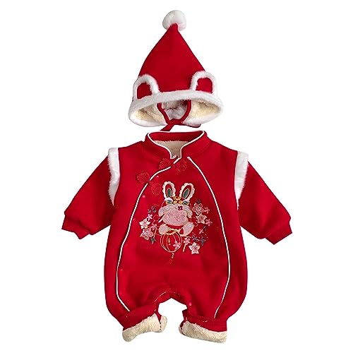 Neugeborenes Baby, Mädchen, Junge, Hase, Kalender, chinesisches Neujahr, Tang-Anzug, rot, langärmelig, mit Fleece gefüttert, Strampler, Winter, warmer Overall mit Hut, Outfits Baby (Red, 6-12 Months) von WERVOT