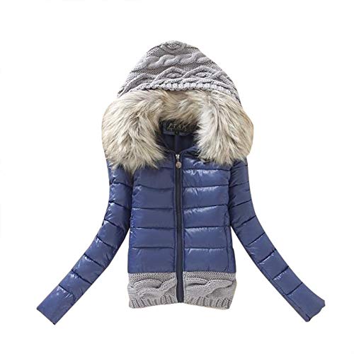 WERVOT Damen Baumwollmantel Winter Jacke Parka Mantel Stepp Kurzjacke Gefüttert Großer Pelzkragen Winterparka Daunen Kapuzenmantel mit Gestrickt Kapuze(Dunkelblau,3XL) von WERVOT