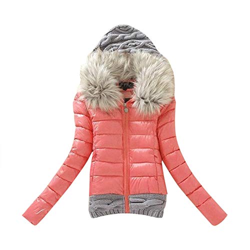 WERVOT Damen Baumwollmantel Winter Jacke Parka Mantel Stepp Kurzjacke Gefüttert Großer Pelzkragen Winterparka Daunen Kapuzenmantel mit Gestrickt Kapuze(Wassermelone Rot,L) von WERVOT