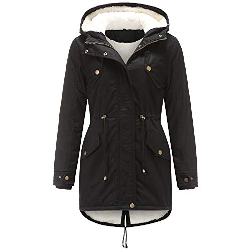 WERVOT Damen Parka Winterjacke mit Kapuze, Baumwolle Kordelzug Hoodie Fleece Gefüttert Mantel Warme Fell Jacke Outdoor Lang Coat Mit Taschen(Schwarz,L) von WERVOT