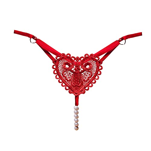 WERVOT Damen String Perlenstring Micro String Dessous mit Perle, Tanga Unterwäsche mit Massageperlen Einheitsgröße, Spitzen String G-String Thongs V-String Höschen Perlen Tanga String(C Rot,M) von WERVOT