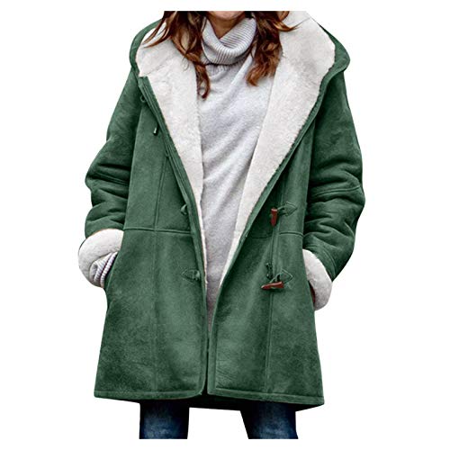 WERVOT Mantel Damen Winter Plus Kaschmir Retro Wintermantel Mit Kapuze Warme Gefüttert Parka Jacke Horn Taste Winterjacke mit Taschen Langarm Übergröße Kapuzenjacke(T Grün,3XL) von WERVOT