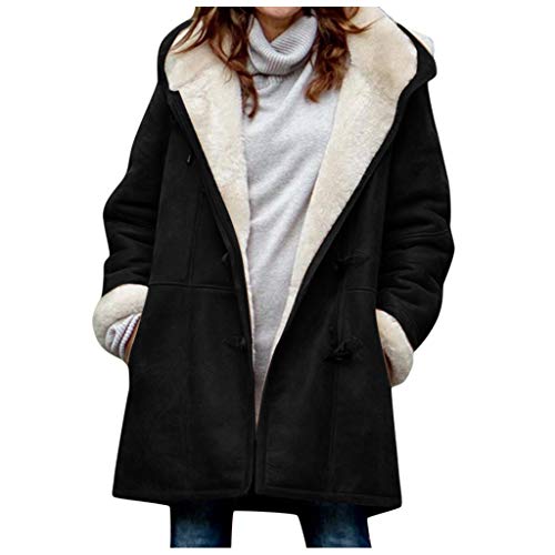 WERVOT Mantel Damen Winter Plus Kaschmir Retro Wintermantel Mit Kapuze Warme Gefüttert Parka Jacke Horn Taste Winterjacke mit Taschen Langarm Übergröße Kapuzenjacke (Schwarz,5XL) von WERVOT