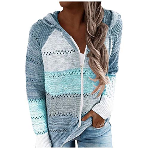WERVOT Strickpullover Damen Herbst Winter V-Ausschnitt Kapuzenpullover Gestreift Hoodie Pulli Tops Oberteile Langarm Freizeitpullover Pullover Sweatshirt (C Himmelblau,4XL) von WERVOT