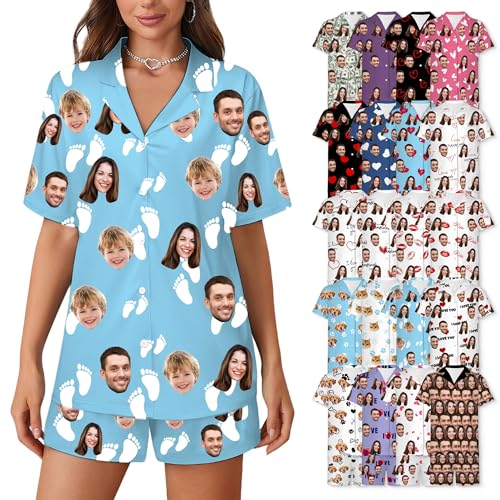 WERWAES Personalisierte Pyjama Set | Pyjama Damen Kurz | Schlafanzug Damen | Matching Pyjamas Couple | Drucken von Gesichtsfotos auf Pyjamas von WERWAES