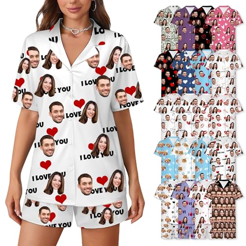 WERWAES Personalisierte Pyjama Set | Pyjama Damen Kurz | Schlafanzug Damen | Matching Pyjamas Couple | Drucken von Gesichtsfotos auf Pyjamas von WERWAES