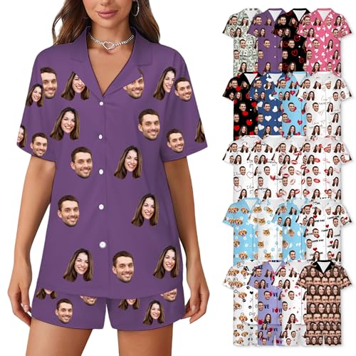 WERWAES Personalisierte Pyjama Set | Pyjama Damen Kurz | Schlafanzug Damen | Matching Pyjamas Couple | Drucken von Gesichtsfotos auf Pyjamas von WERWAES
