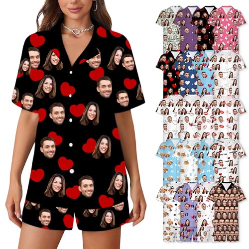WERWAES Personalisierte Pyjama Set | Pyjama Damen Kurz | Schlafanzug Damen | Matching Pyjamas Couple | Drucken von Gesichtsfotos auf Pyjamas von WERWAES