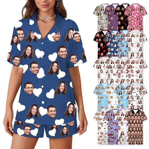 WERWAES Personalisierte Pyjama Set | Pyjama Damen Kurz | Schlafanzug Damen | Matching Pyjamas Couple | Drucken von Gesichtsfotos auf Pyjamas von WERWAES