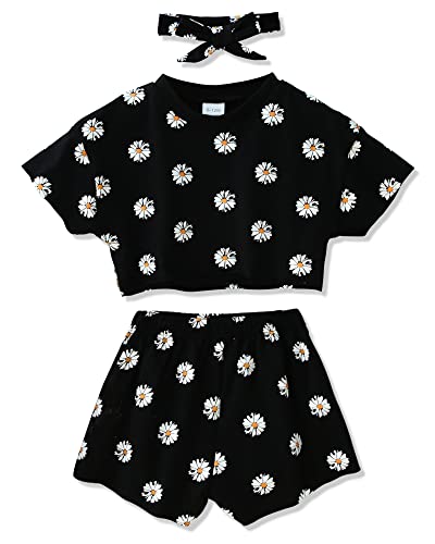 WESIDOM Kleinkind Mädchen Kleidung Baby Mädchen Outfits 6M-5T Sommer Blumendruck Shirt + Shorts + Stirnband 3pcs Babykleidung, Schwarz, 12-18 Monate von WESIDOM