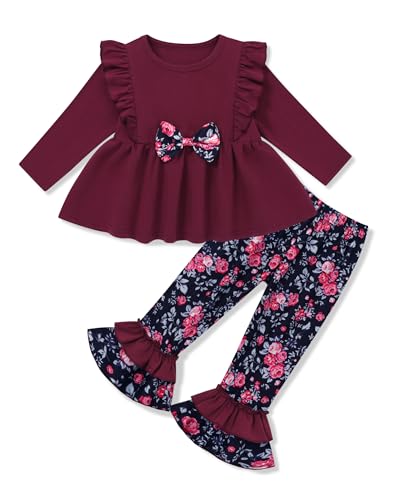 WESIDOM Kleinkind Mädchen Kleidung Rüschen Schulter Oberteil + Blumen Hose 1-6T Kleinkind Mädchen Outfits 2-teiliges Set, Weinrot, 2-3 Jahre von WESIDOM