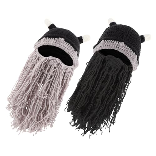 WESIEVYA Wikingerhut Mit Bart Gestrickt Für Kostüm Und Party 2 Stück Wikingermütze Bartmütze von WESIEVYA