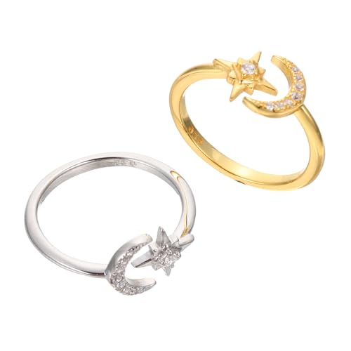 WESIEVYA 2 Stück Verstellbare Sterling Silber Damenringe Offene Knöchel Ringe mit Mond Sterndesign und Funkelnden Strasssteinen Modischer Schmuck für Alltag und Geschenk von WESIEVYA