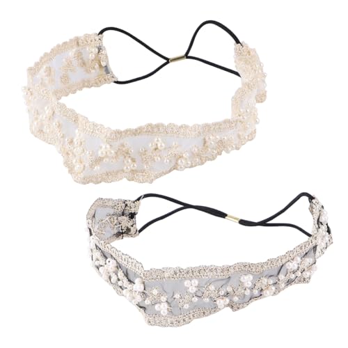 WESIEVYA 2 Stück Zweiteiliges Damen Haarband aus Zarter Spitze mit Perlenbesatz Elastisches Elegantes Haarschmuck Accessoire in Schwarz und Beige für Hochzeit Party und Alltag von WESIEVYA